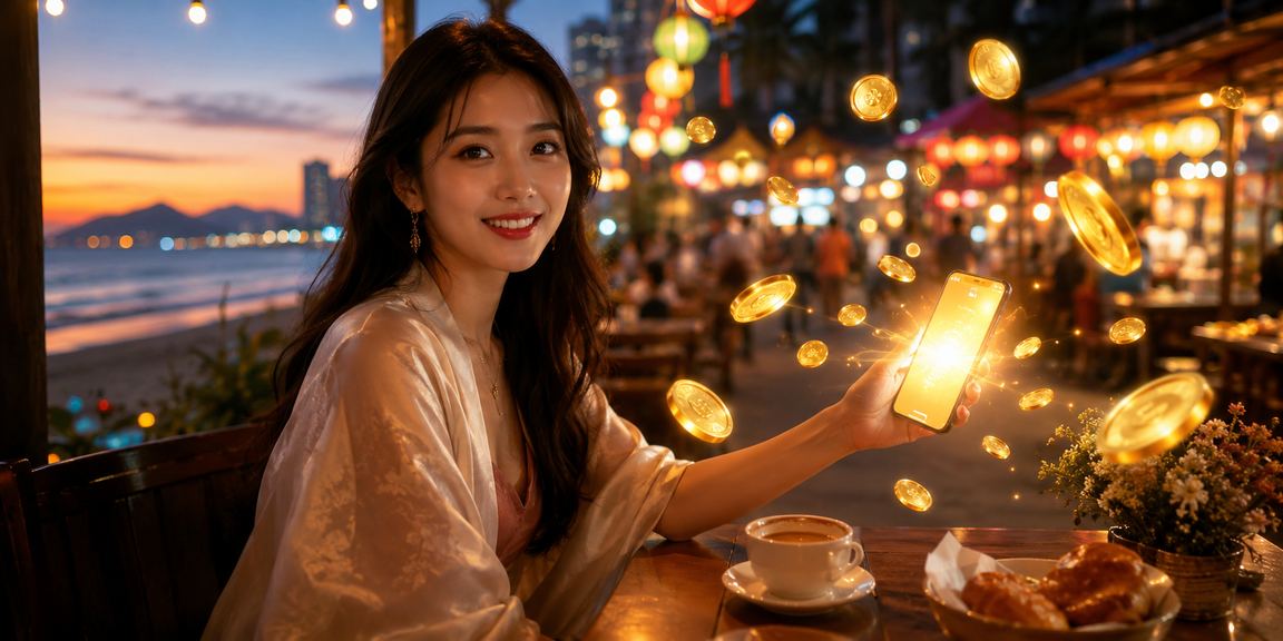 Người dùng tại quán cà phê Đà Nẵng kiểm tra cashback bonus trên điện thoại