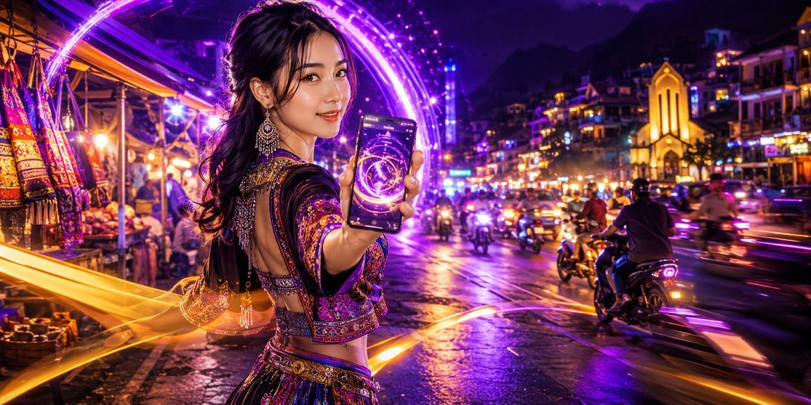 Khung cảnh Sa Pa về đêm với ánh đèn neon rực rỡ, biểu tượng cho nền tảng giải trí hiện đại